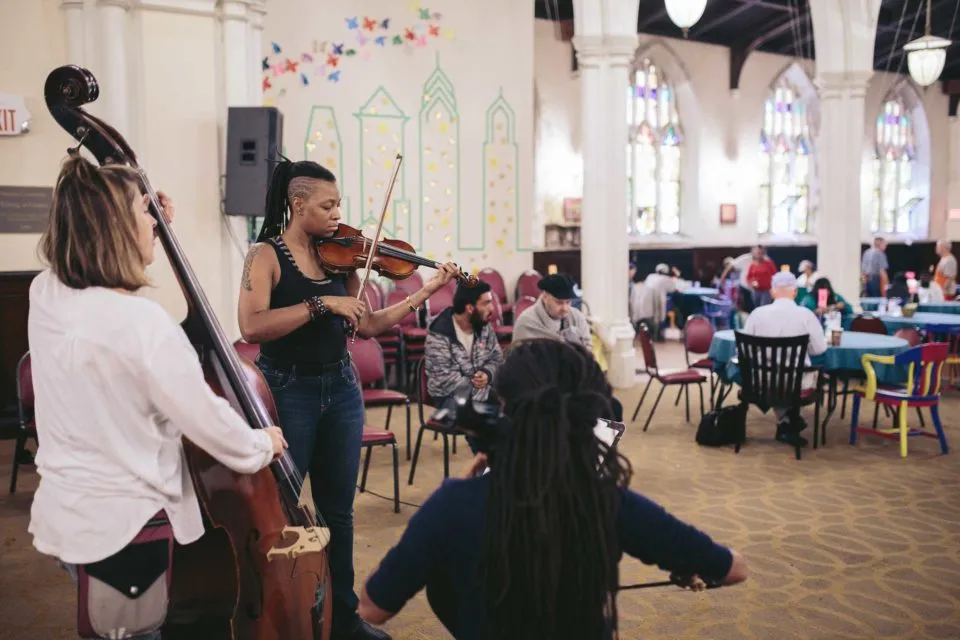 Contemporary jazz ensemble, Hear in Now, performs during a midday meal at Broad Street Ministry, in Philadelphia / Photo: Christopher McDonald