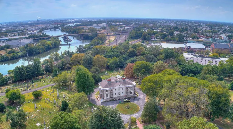 Aerial view of The Woodlands historic cemetery in West Philadelphia